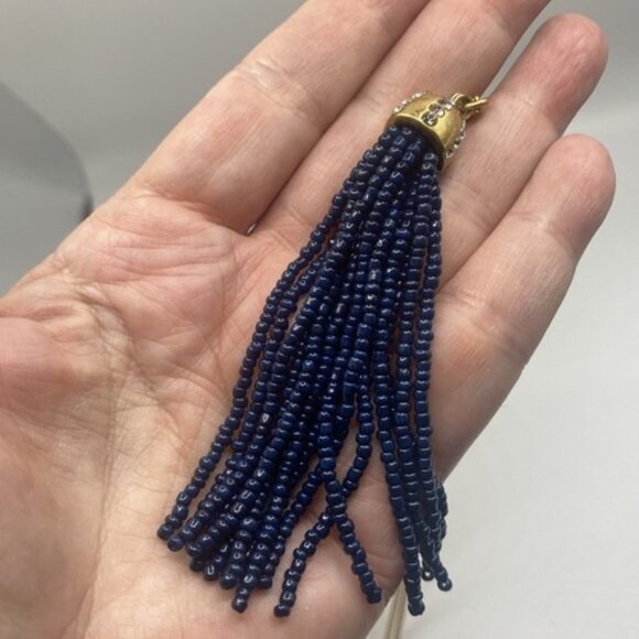 J. Crew Necklace Blue Bead Rhinestone Tassel Gold Tone Pendant 30+3"  5" Drop - Picture 7 of 7